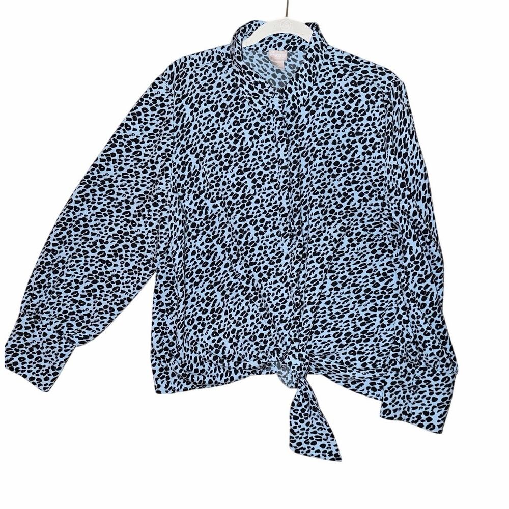 Chicos blue cheetah leopard print button front long sleeve blouse XL tie waist